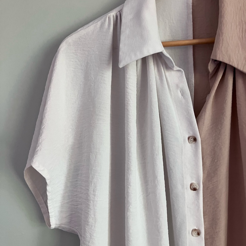 SHEIN White and Tan Color-block Dolman Short Sleeve Button Down Size L (L-XXL) - Picture 3 of 12